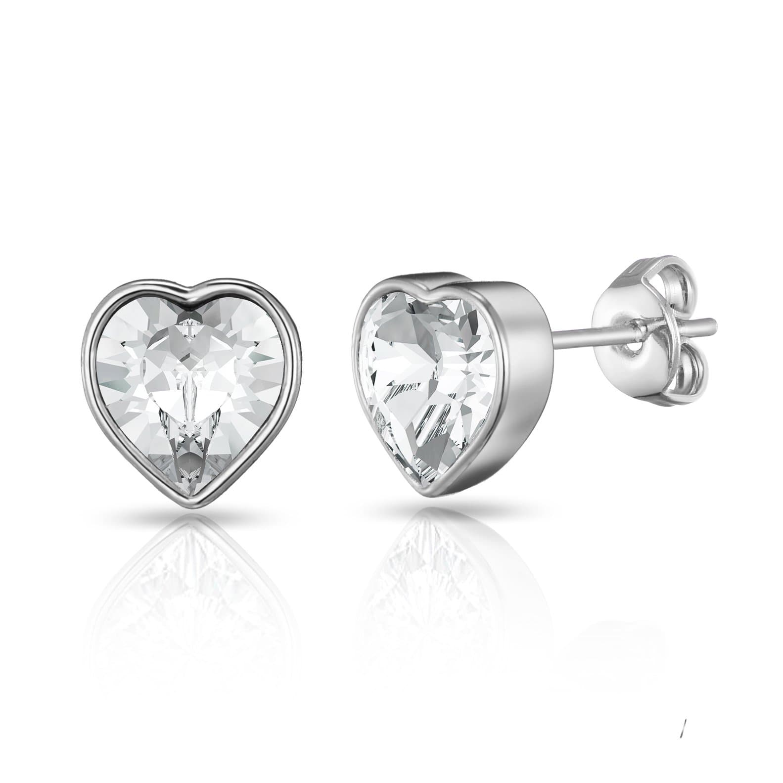 Silver Plated Bezel set Heart Earrings Created with Zircondia® Crystals by Philip Jones Jewellery