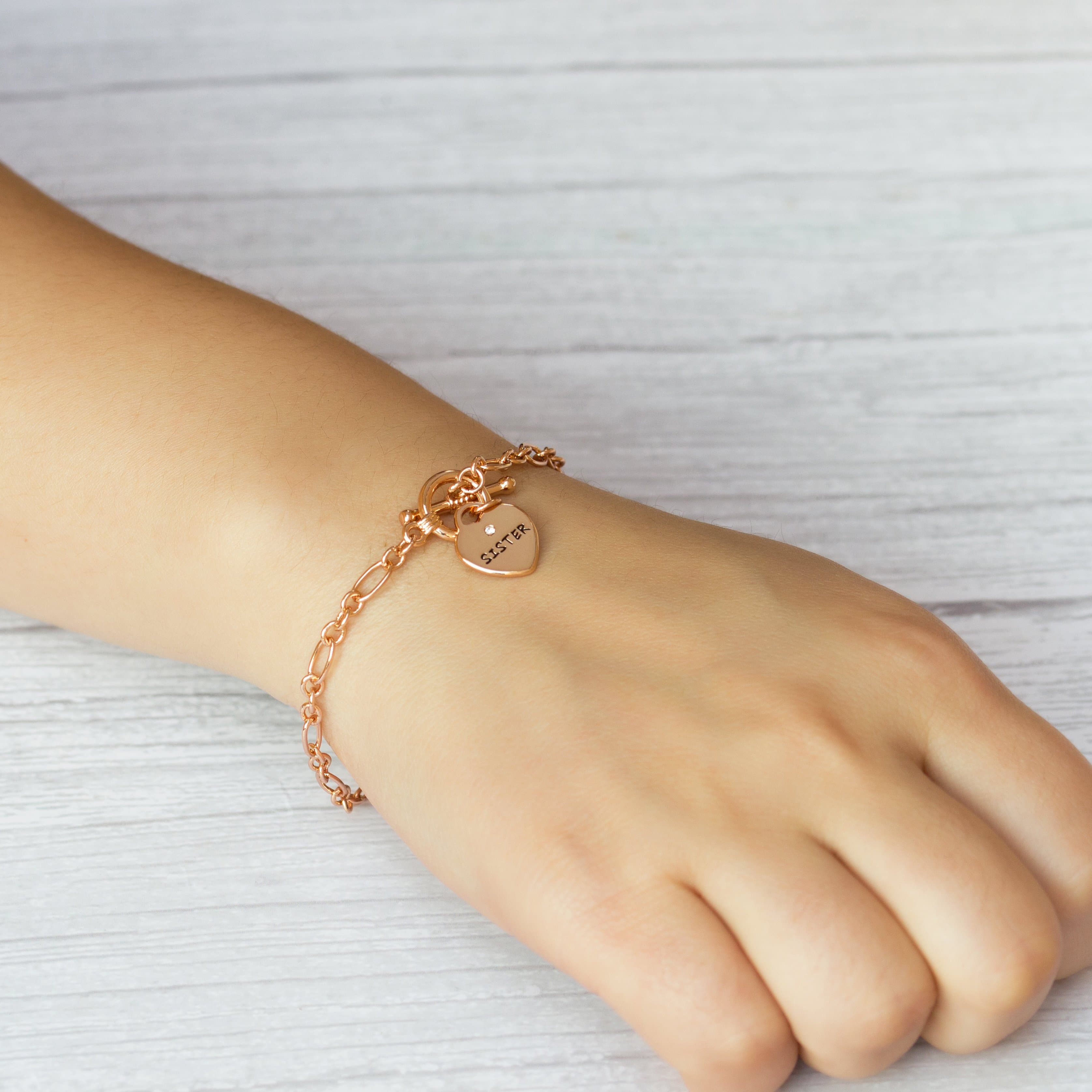 Rose Gold Plated Sister Friendship Quote Charm Bracelet Created with Zircondia® Crystals