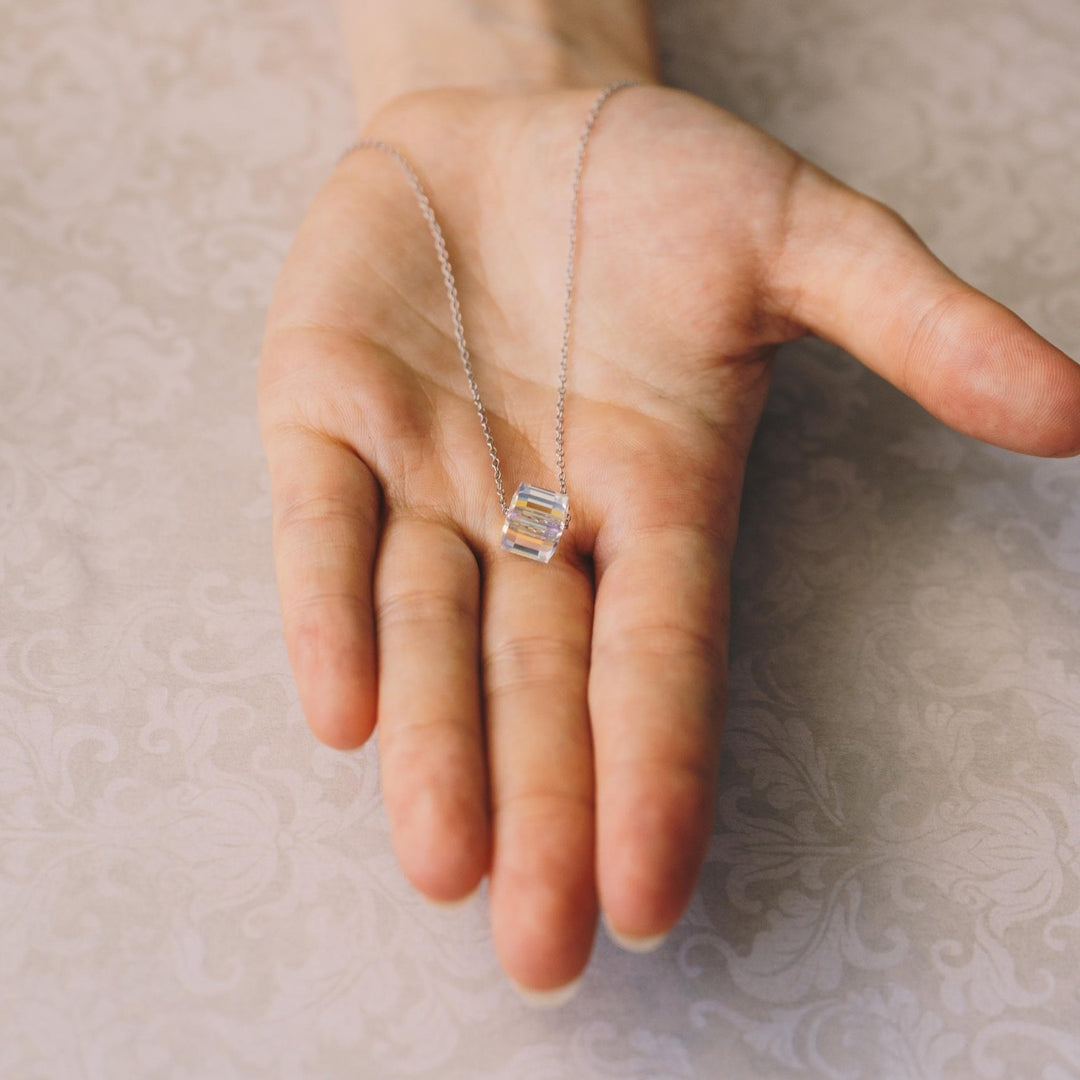 Sterling Silver Aurora Borealis Cube Necklace Created with Zircondia® Crystals - Philip Jones Jewellery