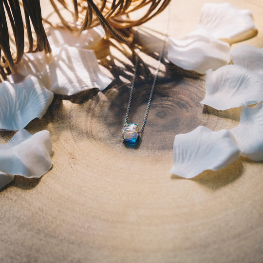 Sterling Silver Aurora Borealis Cube Necklace Created with Zircondia® Crystals - Philip Jones Jewellery