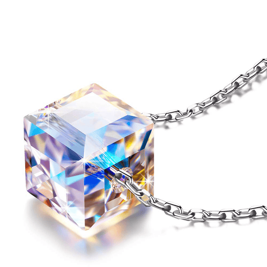 Sterling Silver Aurora Borealis Cube Necklace Created with Zircondia® Crystals - Philip Jones Jewellery