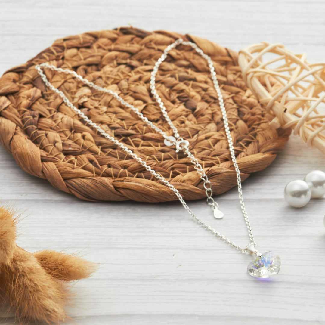 Sterling Silver Aurora Borealis Heart Necklace Created with Zircondia® Crystals - Philip Jones Jewellery
