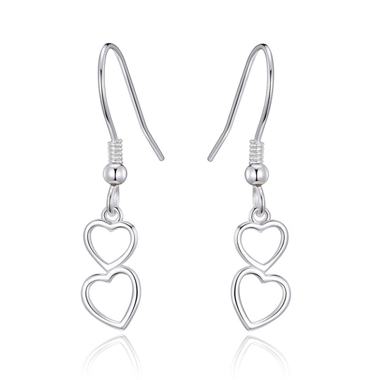 Sterling Silver Double Heart Drop Earrings - Philip Jones Jewellery