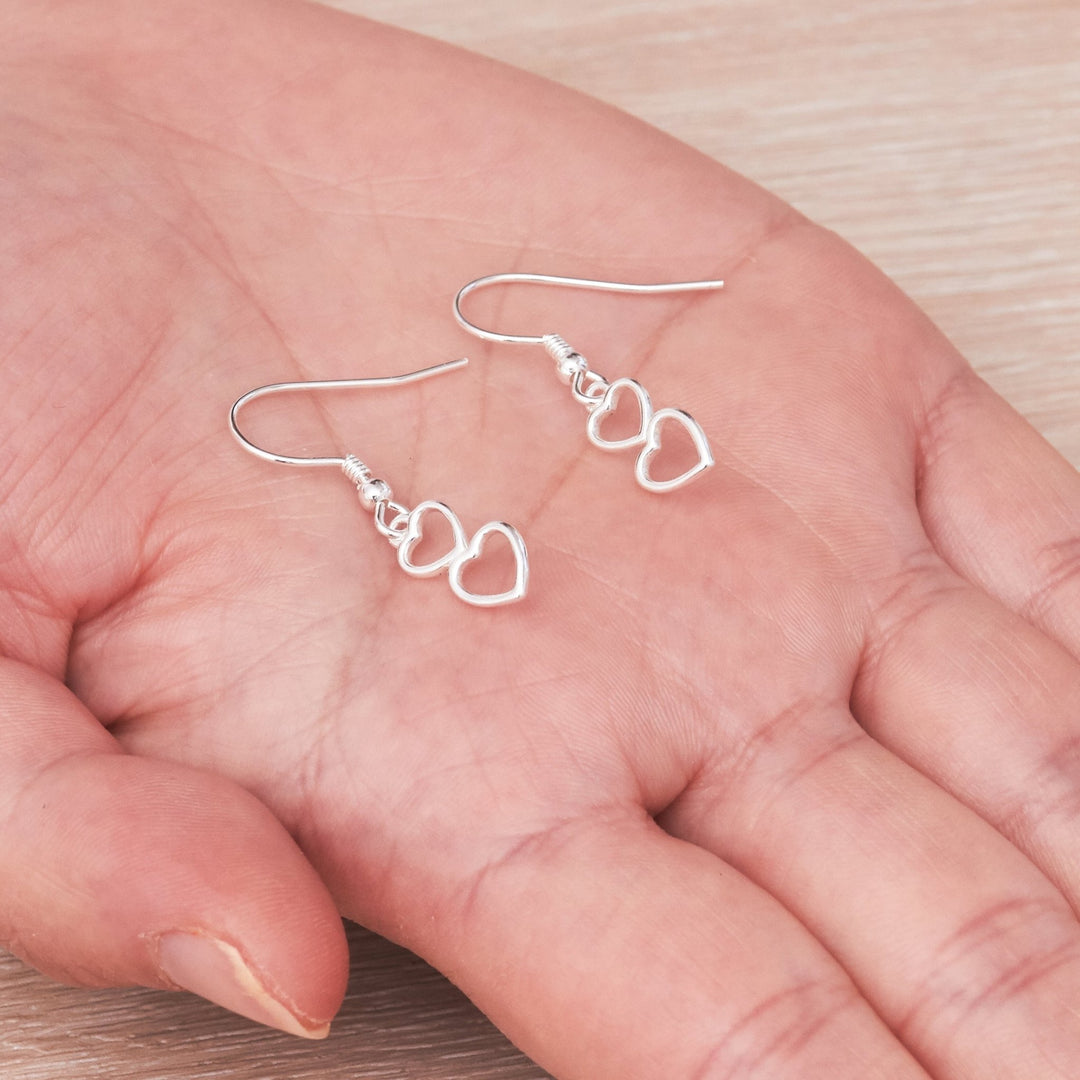 Sterling Silver Double Heart Drop Earrings - Philip Jones Jewellery