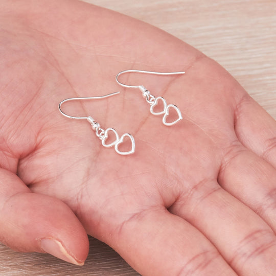 Sterling Silver Double Heart Drop Earrings - Philip Jones Jewellery