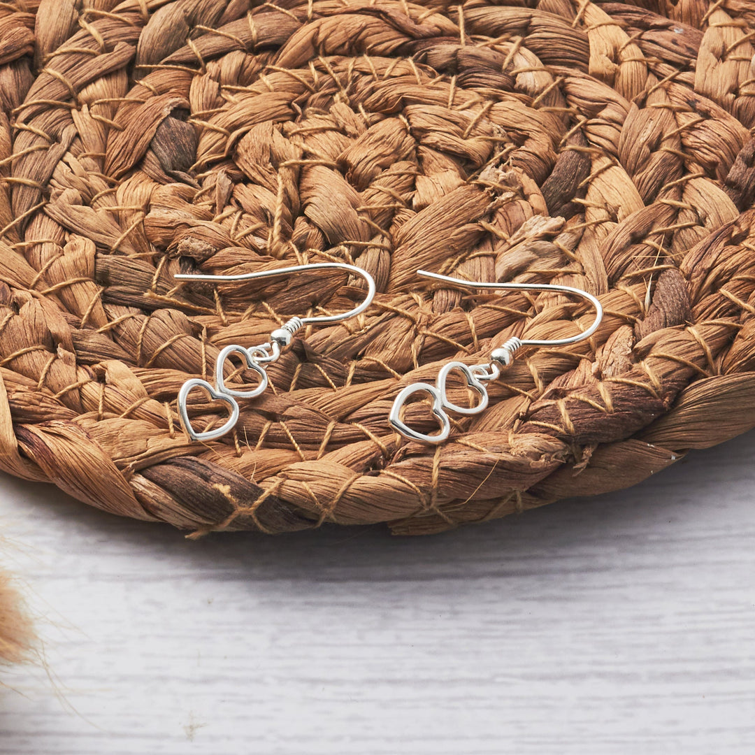 Sterling Silver Double Heart Drop Earrings - Philip Jones Jewellery