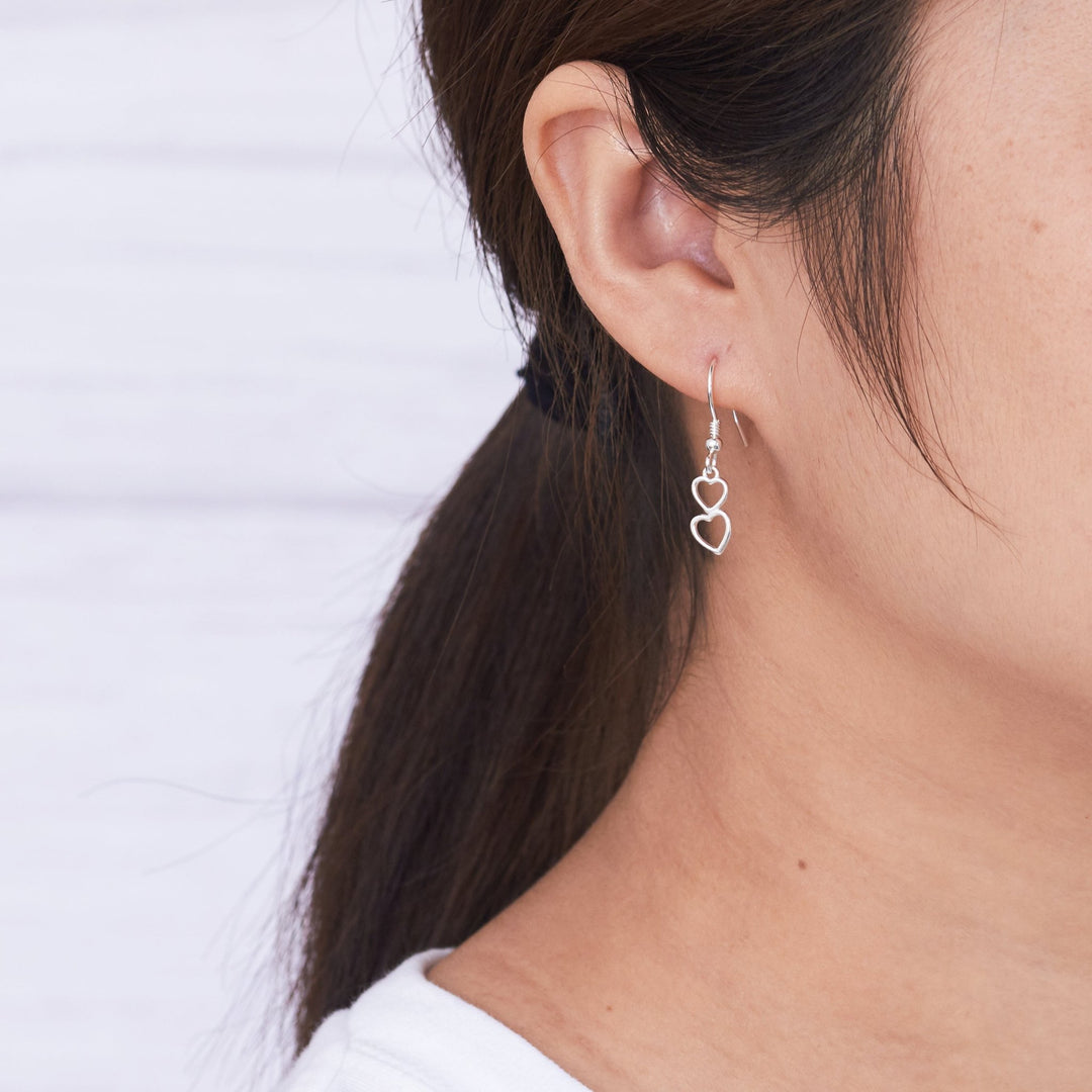 Sterling Silver Double Heart Drop Earrings - Philip Jones Jewellery