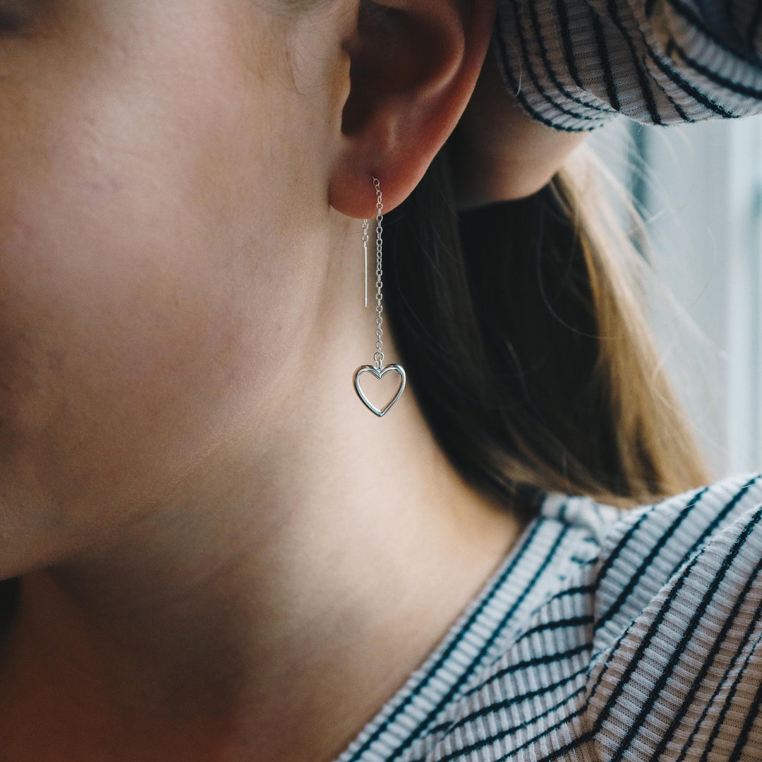 Sterling Silver Heart Thread Earrings - Philip Jones Jewellery