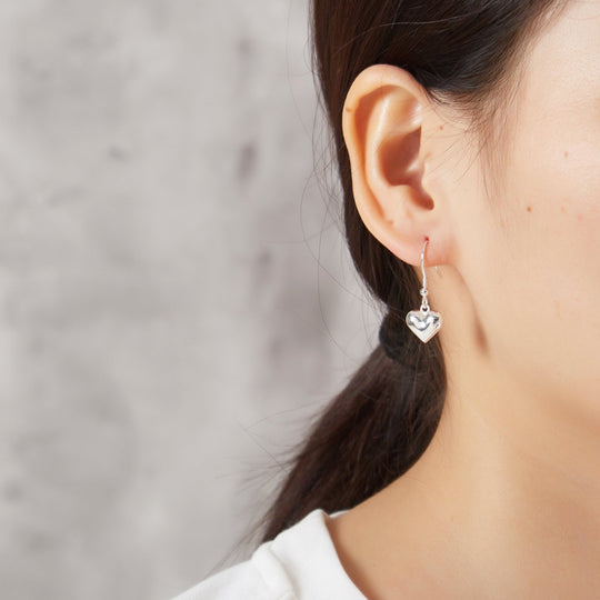 Sterling Silver Puffed Heart Drop Earrings - Philip Jones Jewellery