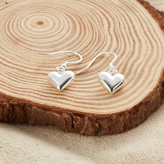 Sterling Silver Puffed Heart Drop Earrings - Philip Jones Jewellery