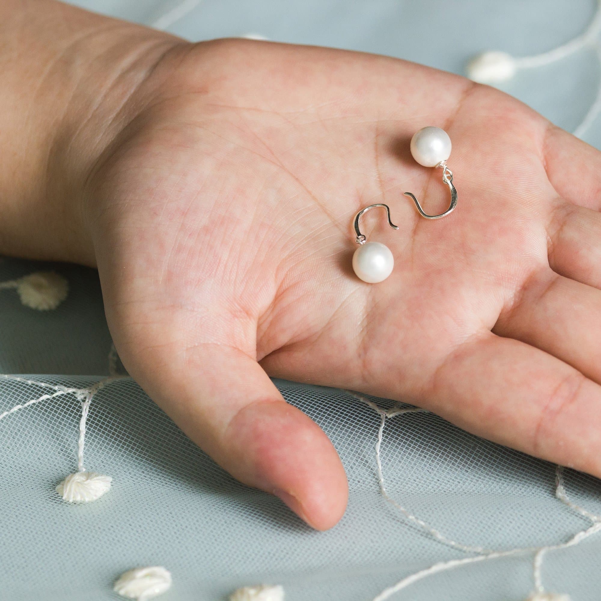 Sterling Silver White Pearl Drop Earrings - Philip Jones Jewellery