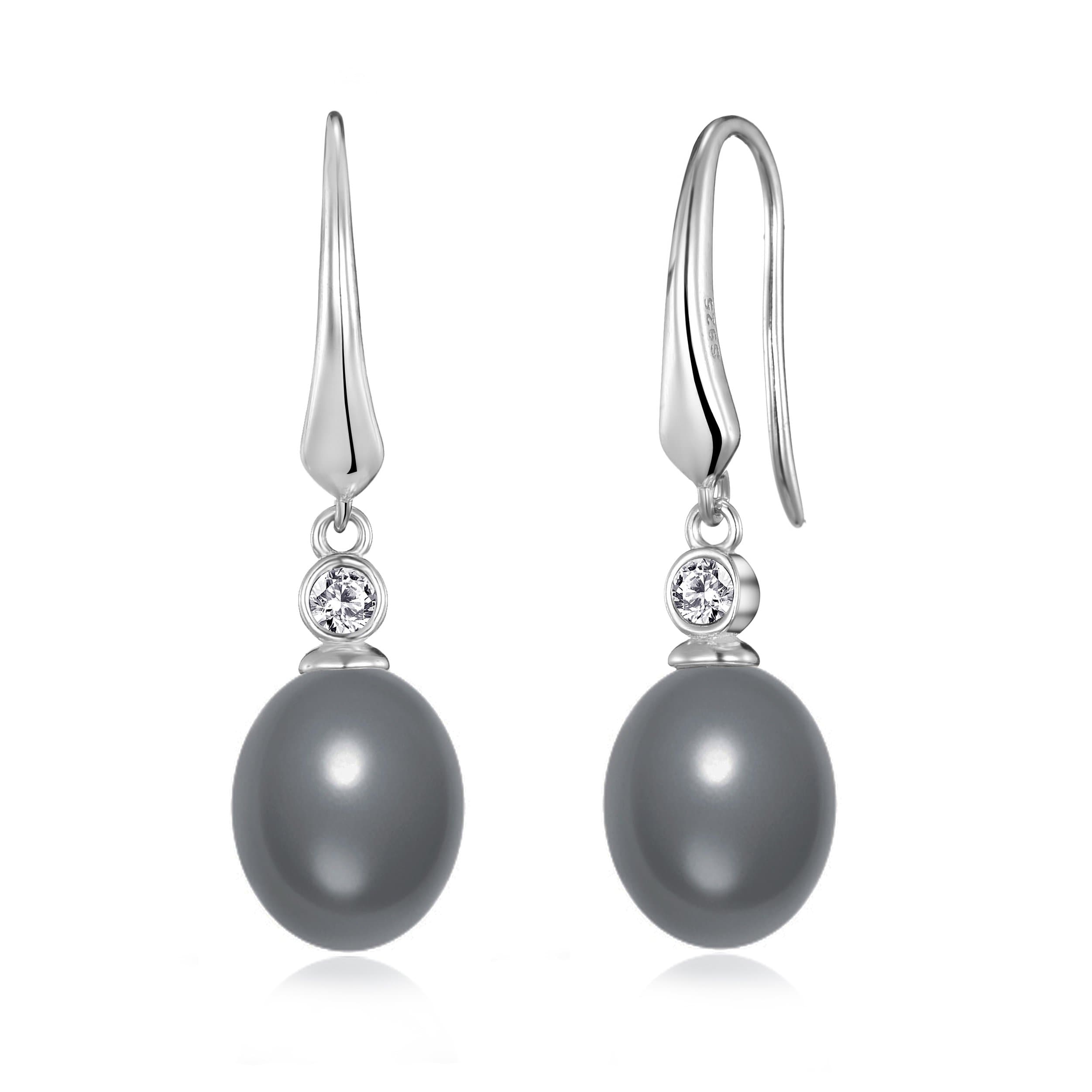 Sterling Silver Grey Pearl Drop Earrings Created with Zircondia® Crystals by Philip Jones Jewellery
