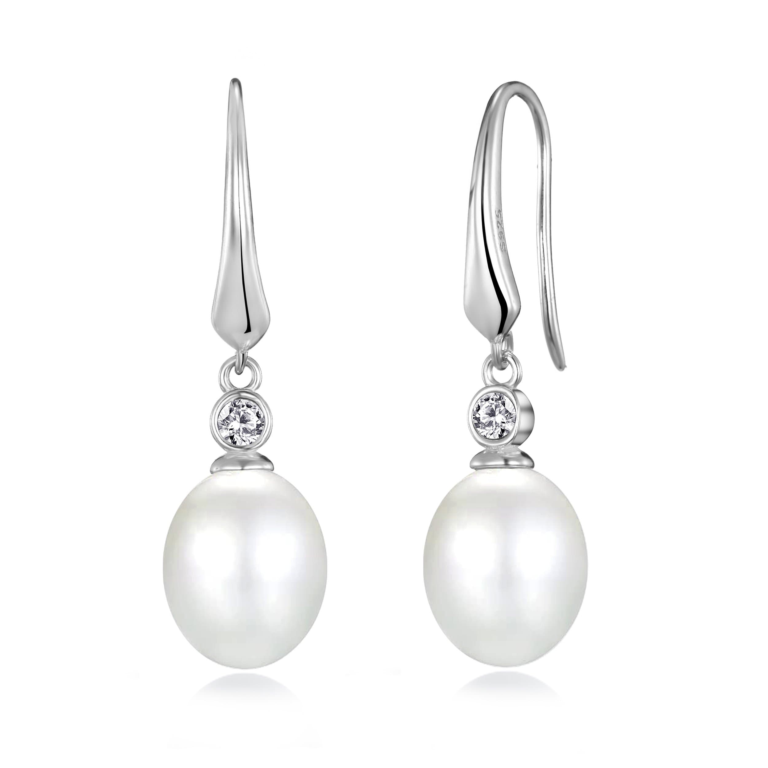 Sterling Silver White Pearl Drop Earrings Created with Zircondia® Crystals by Philip Jones Jewellery