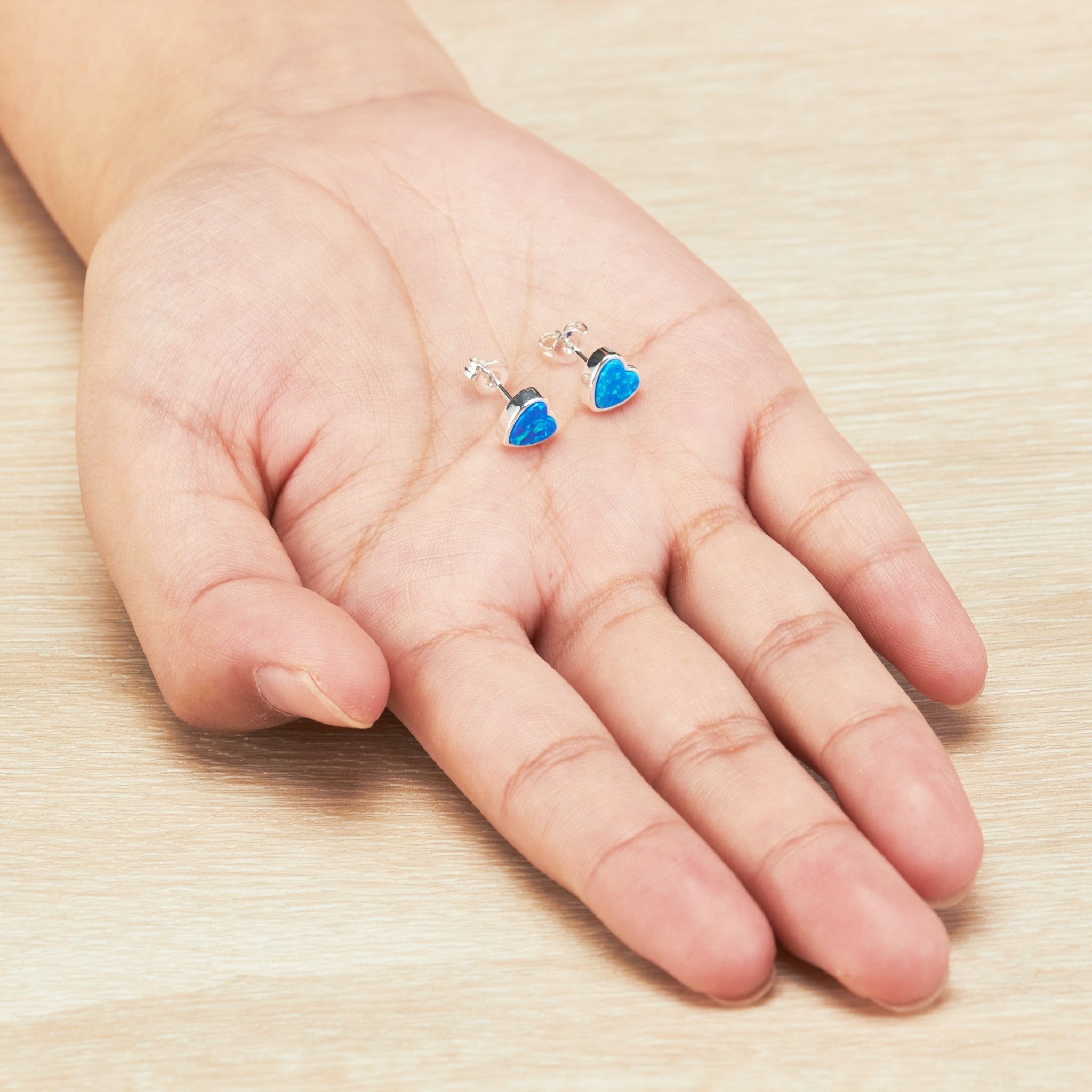 Synthetic Blue Opal Heart Stud Earrings - Philip Jones Jewellery