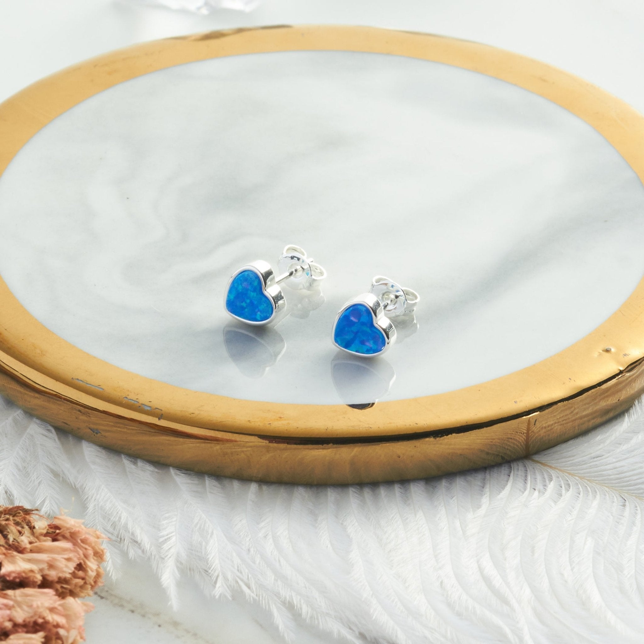 Synthetic Blue Opal Heart Stud Earrings - Philip Jones Jewellery