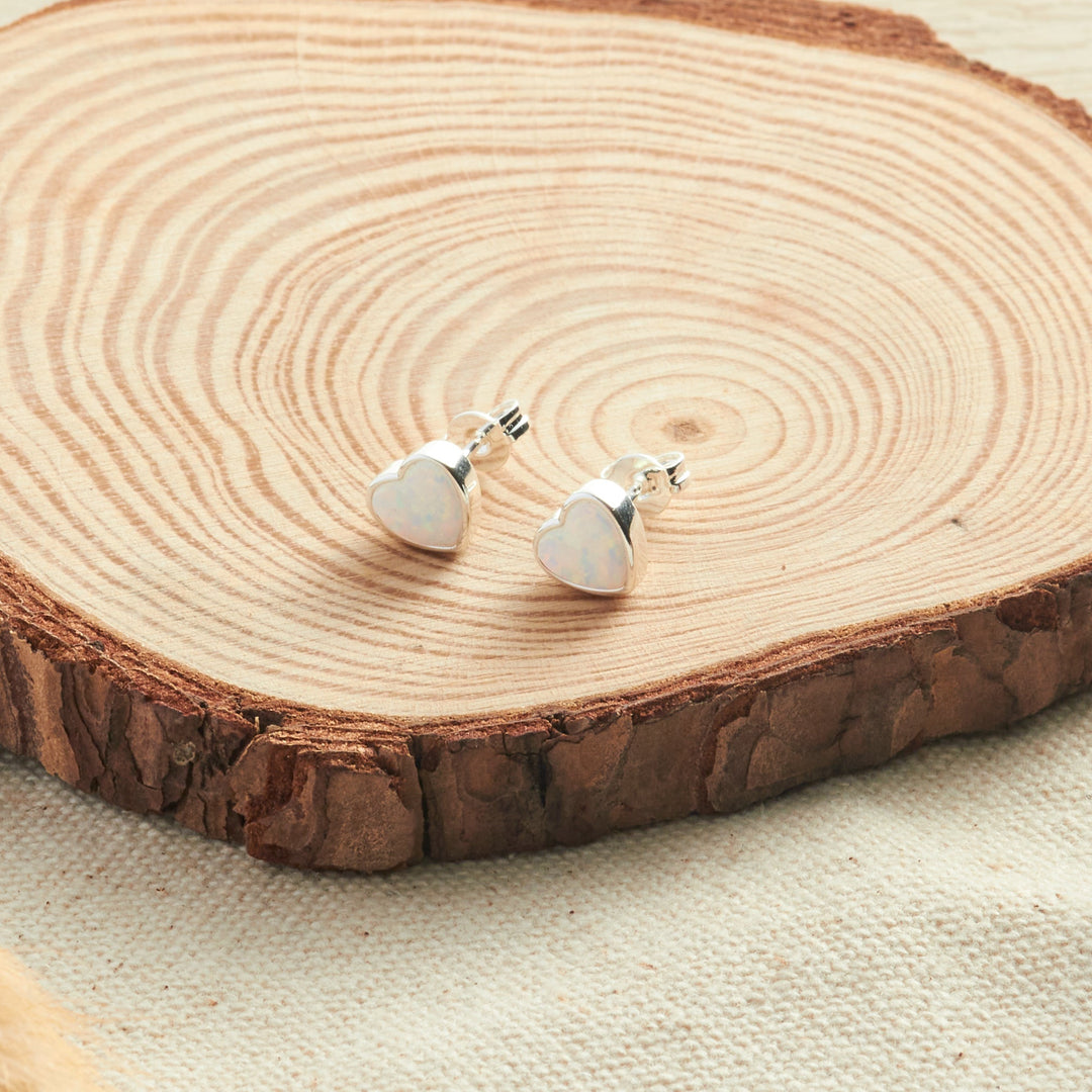 Synthetic White Opal Heart Stud Earrings - Philip Jones Jewellery
