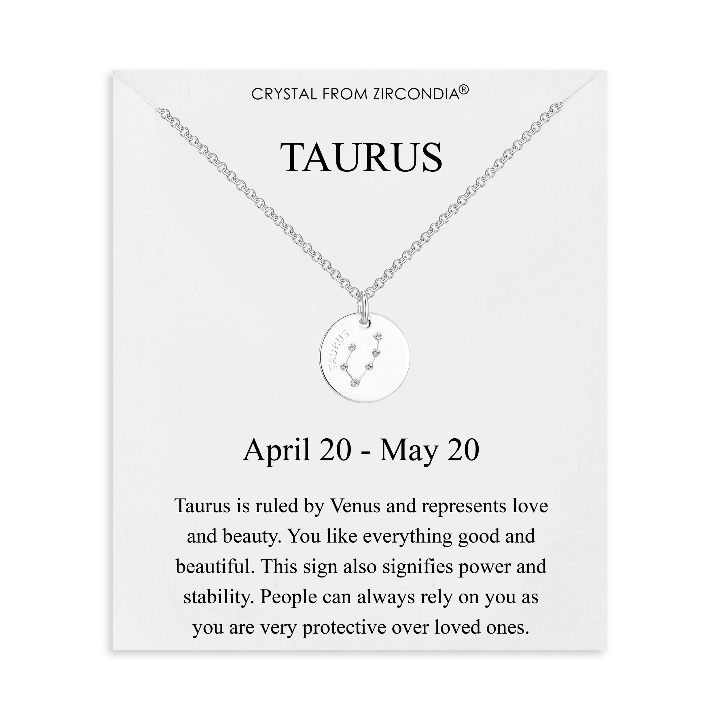 Taurus Zodiac Star Sign Disc Necklace Created with Zircondia® Crystals by Philip Jones Jewellery