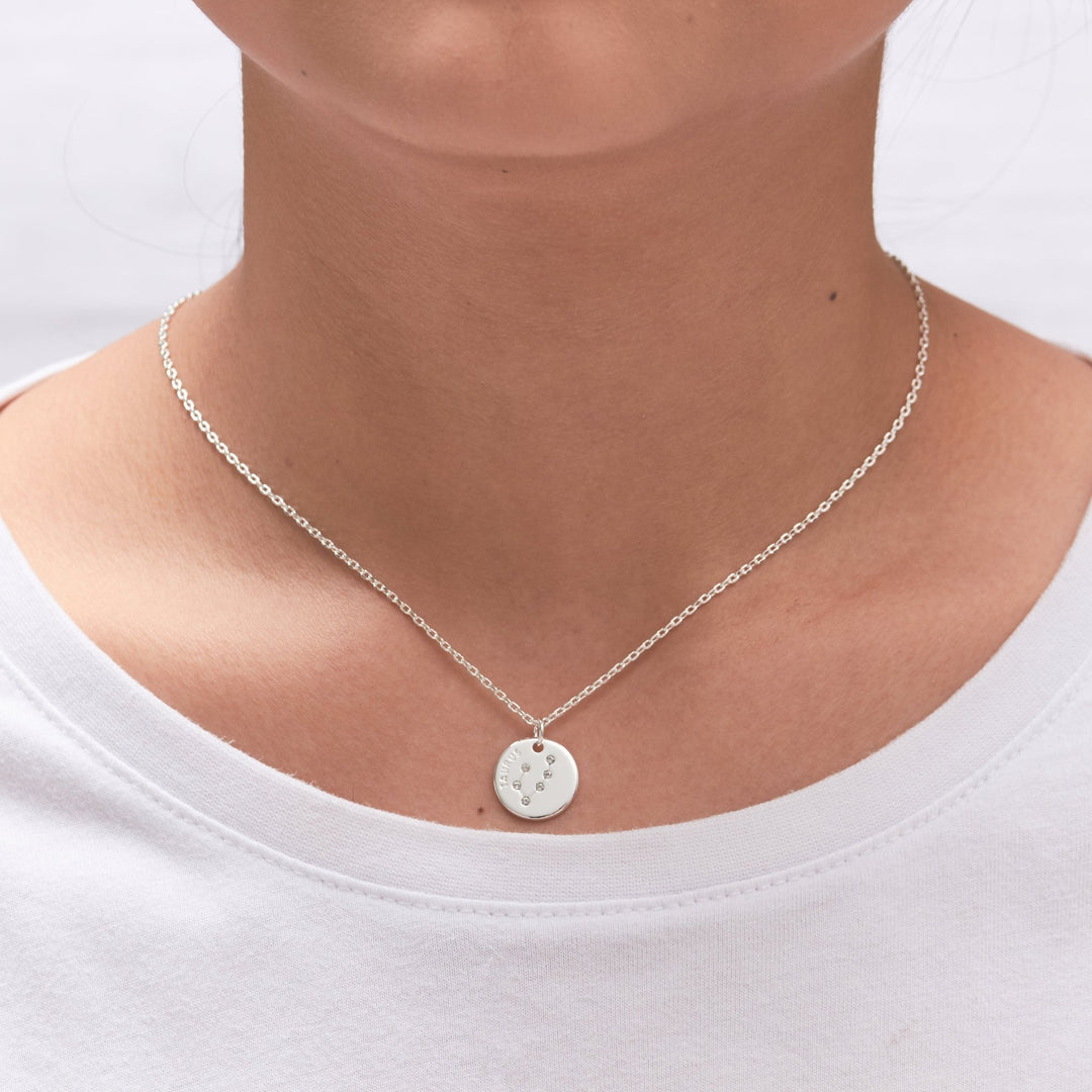 Taurus Zodiac Star Sign Disc Necklace Created with Zircondia® Crystals - Philip Jones Jewellery