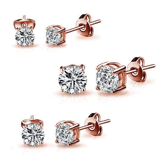 Three Pack of Rose Gold Plated 4mm, 5mm & 6mm Earrings Created with Zircondia® Crystals - Philip Jones Jewellery