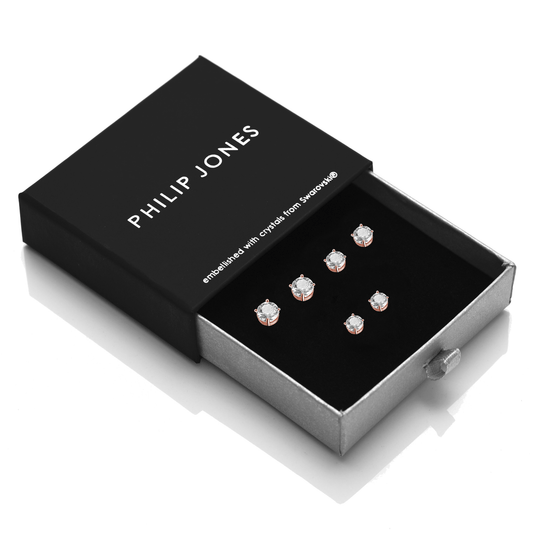 Three Pack of Rose Gold Plated 4mm, 5mm & 6mm Earrings Created with Zircondia® Crystals - Philip Jones Jewellery