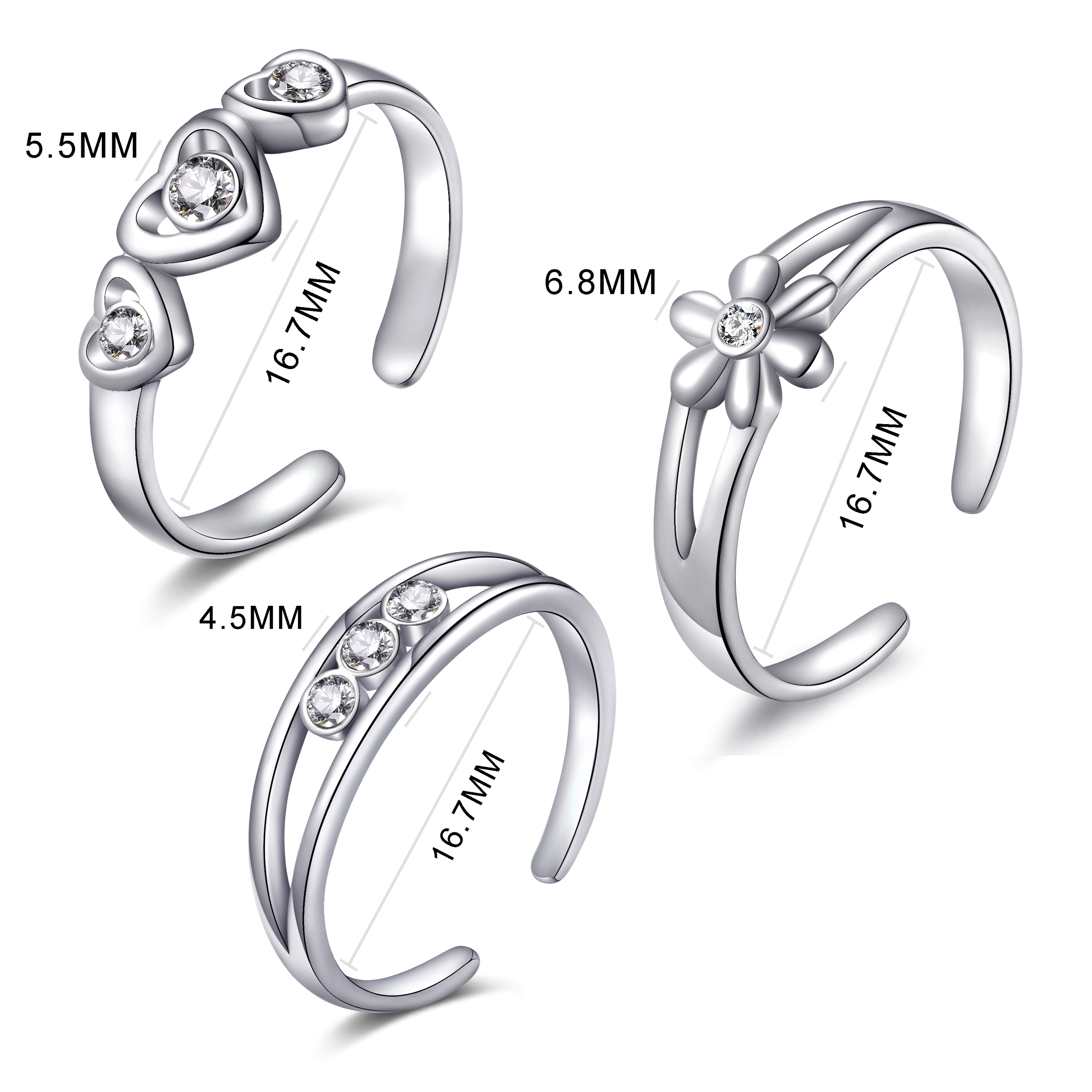 Set of Three Silver Plated Toe Rings Created with Zircondia® Crystals