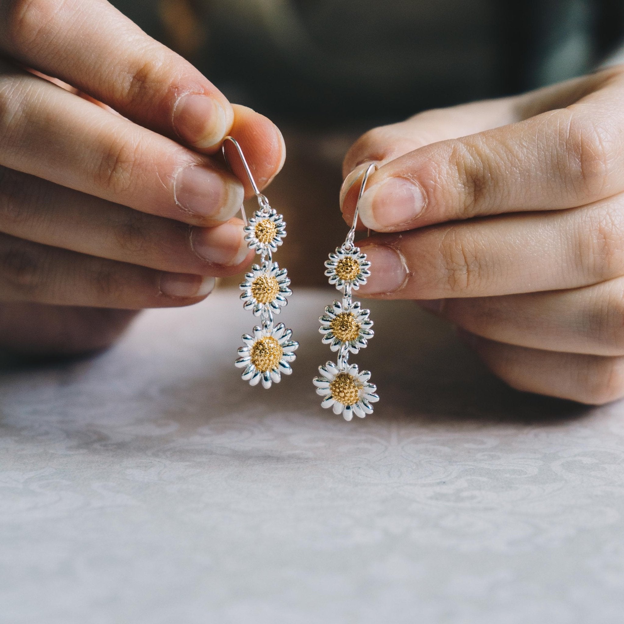 Triple Daisy Drop Earrings - Philip Jones Jewellery