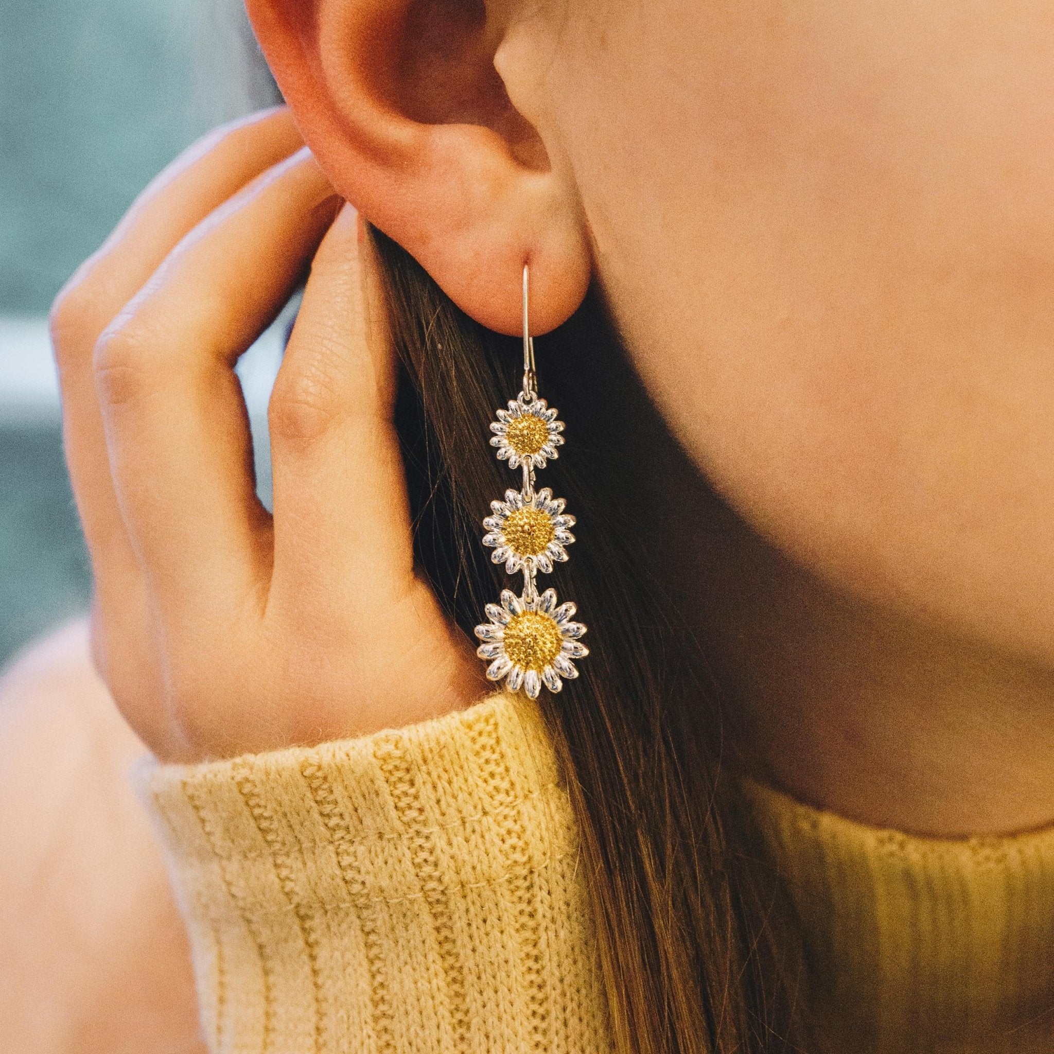 Triple Daisy Drop Earrings - Philip Jones Jewellery