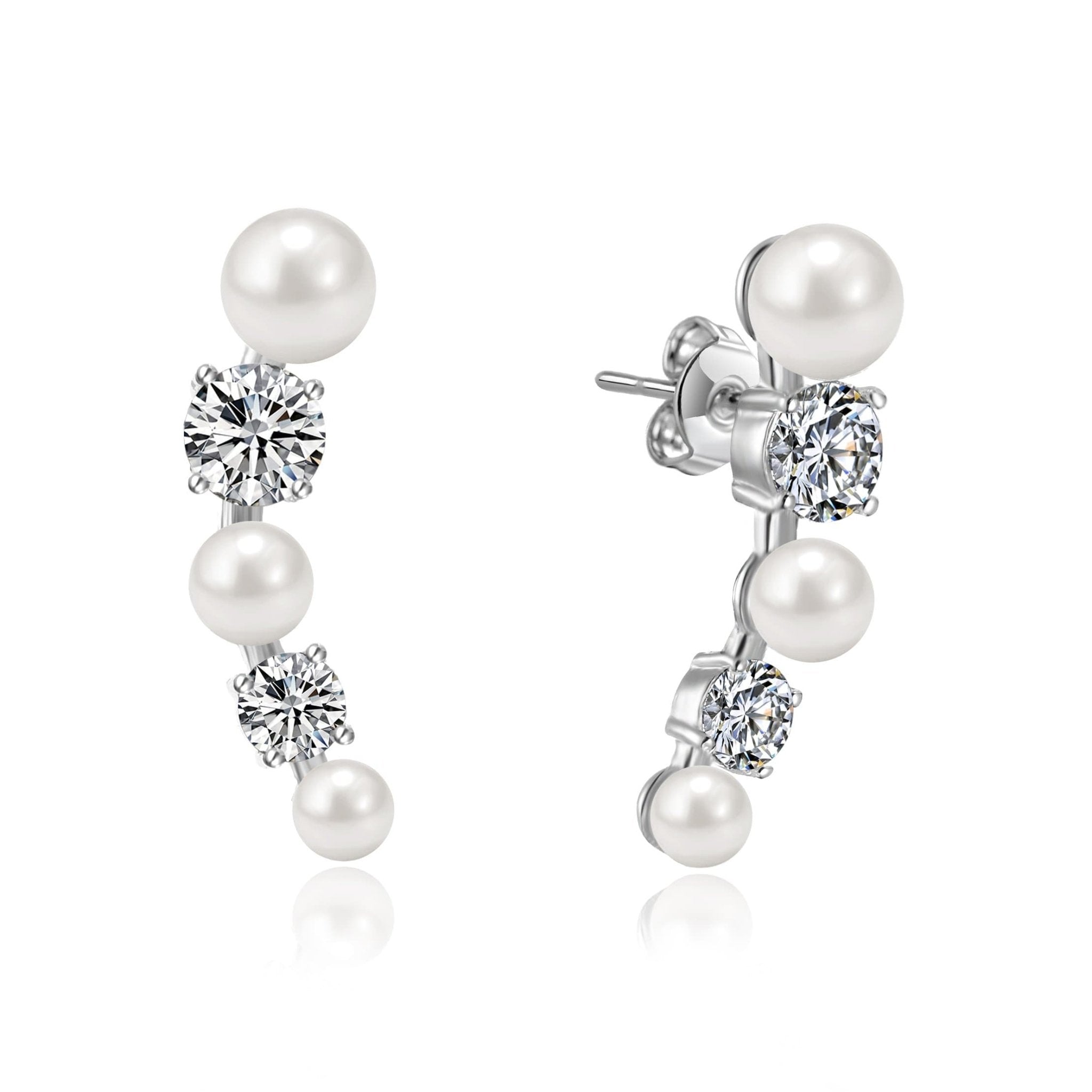 White Pearl Climber Earrings Created with Zircondia® Crystals - Philip Jones Jewellery