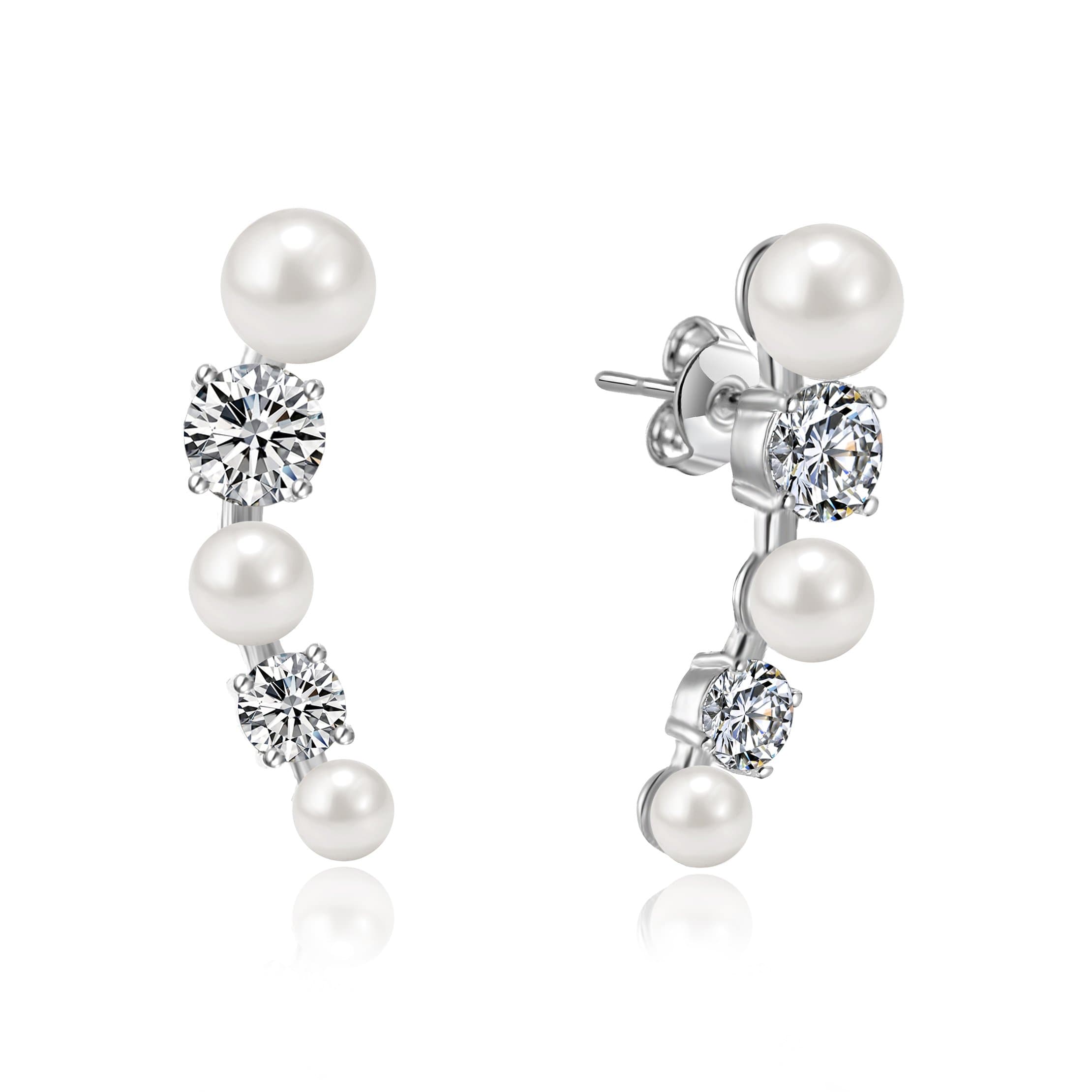 White Pearl Climber Earrings Created with Zircondia® Crystals by Philip Jones Jewellery